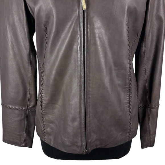 JONES NEW YORK 90S ZIP FRONT STITCHED TRIM TAILORED CLASSIC BROWN LEATHER JACKET - Picture 9 of 14